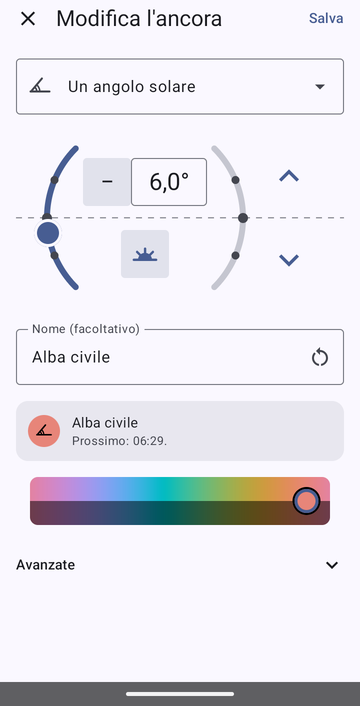 L’editor di ancora su Un angolo solare, impostato a −6,0° al mattino, chiamato Alba civile, con l’anteprima: Prossimo: 06:29.
