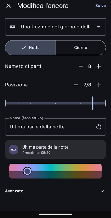 L’editor di ancora su Una frazione del giorno o della notte, con Notte selezionato, Numero di parti impostato su 8 e Posizione su 7/8, chiamato Ultima parte della notte, con l’anteprima: Prossimo: 05:29.