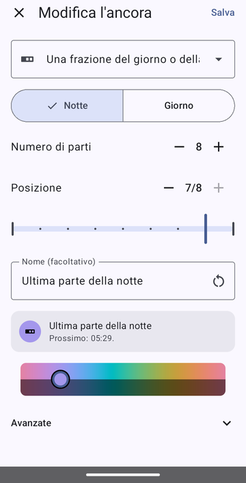 L’editor di ancora su Una frazione del giorno o della notte, con Notte selezionato, Numero di parti impostato su 8 e Posizione su 7/8, chiamato Ultima parte della notte, con l’anteprima: Prossimo: 05:29.