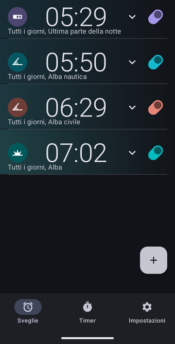 Elenco delle sveglie di Risetime con quattro sveglie, tutte ripetute ogni giorno: 05:29 su Ultima parte della notte, 05:50 su Alba nautica, 06:29 su Alba civile, e 07:02 all’Alba.