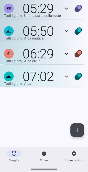 Elenco delle sveglie di Risetime con quattro sveglie, tutte ripetute ogni giorno: 05:29 su Ultima parte della notte, 05:50 su Alba nautica, 06:29 su Alba civile, e 07:02 all’Alba.