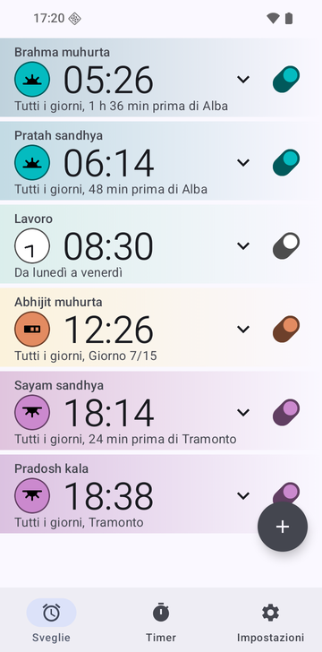 Elenco delle sveglie di Risetime con sei sveglie: Brahma muhurta alle 05:26 (1 h 36 min prima di Alba), Pratah sandhya alle 06:14 (48 min prima di Alba), Lavoro alle 08:30 da lunedì a venerdì, Abhijit muhurta alle 12:26 (Giorno 7/15), Sayam sandhya alle 18:14 (24 min prima di Tramonto) e Pradosh kala alle 18:38 (Tramonto). Le sveglie di pratica si ripetono tutti i giorni.