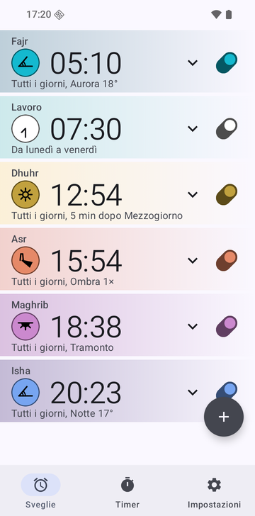 Elenco delle sveglie di Risetime con sei sveglie: Fajr alle 05:10 (Aurora 18°), Lavoro alle 07:30 da lunedì a venerdì, Dhuhr alle 12:54 (5 min dopo Mezzogiorno), Asr alle 15:54 (Ombra 1×), Maghrib alle 18:38 (Tramonto) e Isha alle 20:23 (Notte 17°). Le sveglie di preghiera si ripetono tutti i giorni.