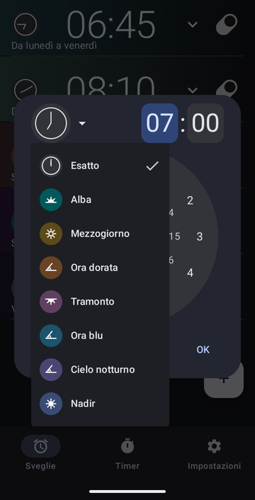 La finestra di creazione sveglia, il suo menu di ancore aperto, che elenca Esatto, Alba, Mezzogiorno, Ora dorata, Tramonto, Ora blu, Cielo notturno e Nadir.