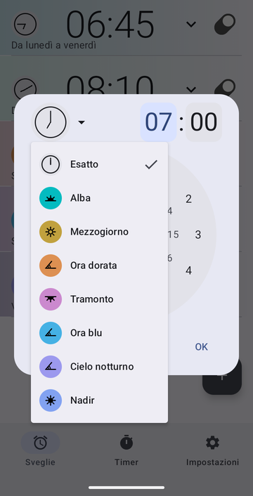 La finestra di creazione sveglia, il suo menu di ancore aperto, che elenca Esatto, Alba, Mezzogiorno, Ora dorata, Tramonto, Ora blu, Cielo notturno e Nadir.