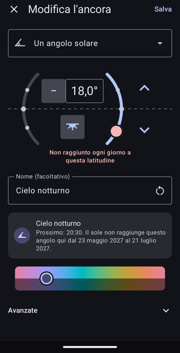 L’editor di ancora su Un angolo solare, impostato a −18,0° la sera, chiamato Cielo notturno, con l’anteprima: Prossimo: 20:30. Il sole non raggiunge questo angolo qui dal 23 maggio 2027 al 21 luglio 2027.