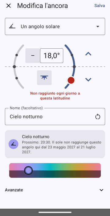 L’editor di ancora su Un angolo solare, impostato a −18,0° la sera, chiamato Cielo notturno, con l’anteprima: Prossimo: 20:30. Il sole non raggiunge questo angolo qui dal 23 maggio 2027 al 21 luglio 2027.
