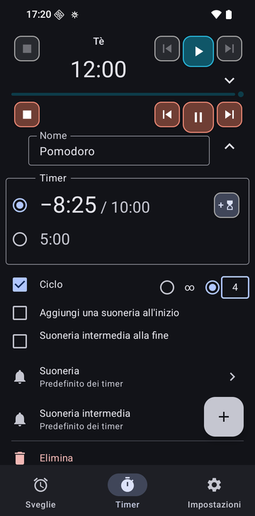 La sequenza Tè aperta nella scheda Timer di Risetime: il suo nome, il suo unico timer a 12:00 con un pulsante per aggiungerne un altro, gli interruttori Ciclo, Aggiungi una suoneria all’inizio e Suoneria intermedia alla fine, tutti spenti, la riga Suoneria su Predefinito dei timer, la riga Suoneria intermedia su Non usata: un solo timer, nessun ciclo, nessuna suoneria all’inizio, ed Elimina. Sotto, la riga Pomodoro chiusa, in corso a 1:42 di 10:00.