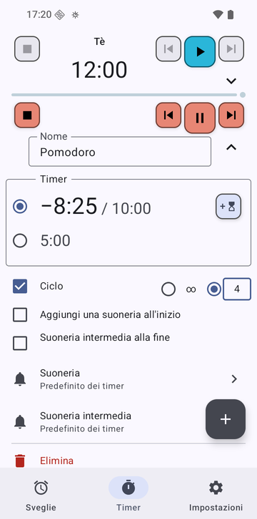La sequenza Tè aperta nella scheda Timer di Risetime: il suo nome, il suo unico timer a 12:00 con un pulsante per aggiungerne un altro, gli interruttori Ciclo, Aggiungi una suoneria all’inizio e Suoneria intermedia alla fine, tutti spenti, la riga Suoneria su Predefinito dei timer, la riga Suoneria intermedia su Non usata: un solo timer, nessun ciclo, nessuna suoneria all’inizio, ed Elimina. Sotto, la riga Pomodoro chiusa, in corso a 1:42 di 10:00.