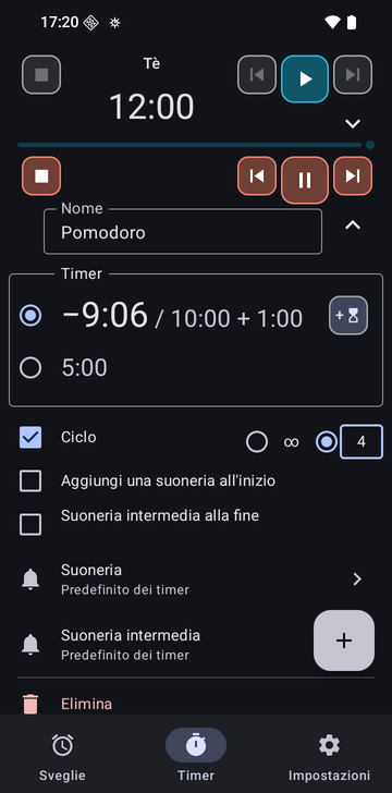 La scheda Timer con il timer Tè aperto e, sotto, la sequenza Pomodoro in corso a 2:04 di 10:00, con 1 minuto aggiunto. La riga in corso ha i pulsanti ferma, timer precedente, pausa e timer successivo, e un pulsante per aggiungere 1 minuto; Aggiungi timer si trova sotto, sopra le schede Sveglie, Timer e Impostazioni.