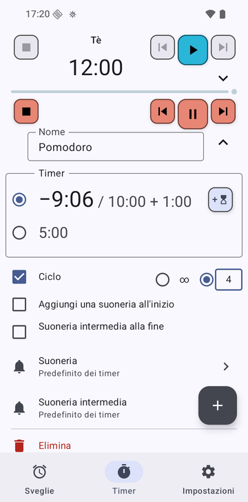 La scheda Timer con il timer Tè aperto e, sotto, la sequenza Pomodoro in corso a 2:04 di 10:00, con 1 minuto aggiunto. La riga in corso ha i pulsanti ferma, timer precedente, pausa e timer successivo, e un pulsante per aggiungere 1 minuto; Aggiungi timer si trova sotto, sopra le schede Sveglie, Timer e Impostazioni.
