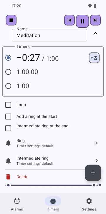 The Meditation sequence opened in Risetime's Timers tab: three timers, 1:00, 1:00:00 and 1:00, with Loop, Add a ring at the start and Intermediate ring at the end all switched off.