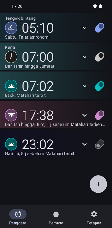 Senarai penggera Risetime dengan lima penggera: Stargazing 05:10, Saturday, Astronomical dawn; Work 07:00, Monday–Friday; 07:02, Tomorrow, Sunrise; 17:38, Monday–Friday, 1 hr before Sunset; dan 23:02, Today, 8 hr before Sunrise, dimatikan. Tab Alarms, Timers dan Settings tersusun di bahagian bawah.