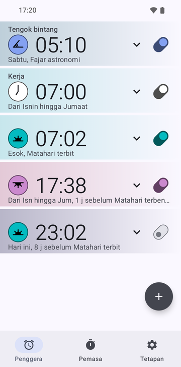 Senarai penggera Risetime dengan lima penggera: Stargazing 05:10, Saturday, Astronomical dawn; Work 07:00, Monday–Friday; 07:02, Tomorrow, Sunrise; 17:38, Monday–Friday, 1 hr before Sunset; dan 23:02, Today, 8 hr before Sunrise, dimatikan. Tab Alarms, Timers dan Settings tersusun di bahagian bawah.