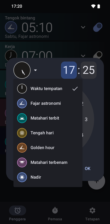 Dialog penggera baharu ditetapkan pada 17:25 dengan menu sauhnya terbuka: Local time (ditandakan), Astronomical dawn, Sunrise, Noon, Golden hour, Sunset dan Nadir.