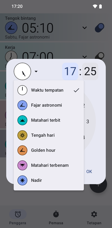 Dialog penggera baharu ditetapkan pada 17:25 dengan menu sauhnya terbuka: Local time (ditandakan), Astronomical dawn, Sunrise, Noon, Golden hour, Sunset dan Nadir.