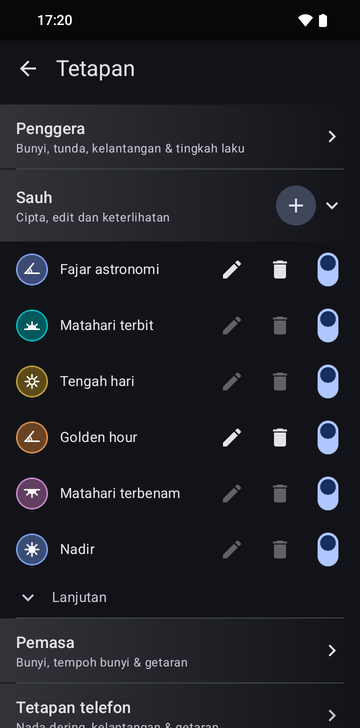 Tetapan, bahagian Anchors terbuka: enam sauh, Astronomical dawn, Sunrise, Noon, Golden hour, Sunset dan Nadir, dengan butang tambah. Hanya dua sauh buatan sendiri, Astronomical dawn dan Golden hour, yang butang ubah dan padamnya aktif. Setiap baris mempunyai suis paparan, semuanya aktif. Advanced berada di bawah, terlipat.