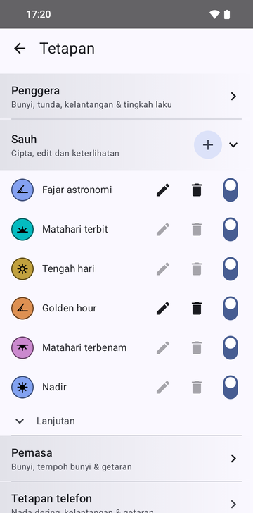 Tetapan, bahagian Anchors terbuka: enam sauh, Astronomical dawn, Sunrise, Noon, Golden hour, Sunset dan Nadir, dengan butang tambah. Hanya dua sauh buatan sendiri, Astronomical dawn dan Golden hour, yang butang ubah dan padamnya aktif. Setiap baris mempunyai suis paparan, semuanya aktif. Advanced berada di bawah, terlipat.