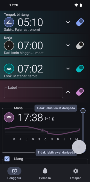 Kad penggera 17:38 terbuka dalam senarai penggera, di bawah Stargazing, Work dan penggera Sunrise 07:02: medan Label kosong, bahagian Time berbunyi 17:38 (−1 hr) dengan lengkung waktu penggera sepanjang tahun, pemegang had Never after dan Never before, dan kotak Repeat yang ditandakan di bawahnya.