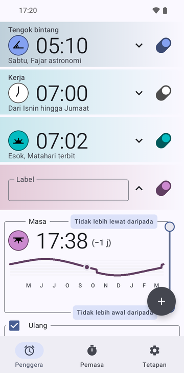 Kad penggera 17:38 terbuka dalam senarai penggera, di bawah Stargazing, Work dan penggera Sunrise 07:02: medan Label kosong, bahagian Time berbunyi 17:38 (−1 hr) dengan lengkung waktu penggera sepanjang tahun, pemegang had Never after dan Never before, dan kotak Repeat yang ditandakan di bawahnya.