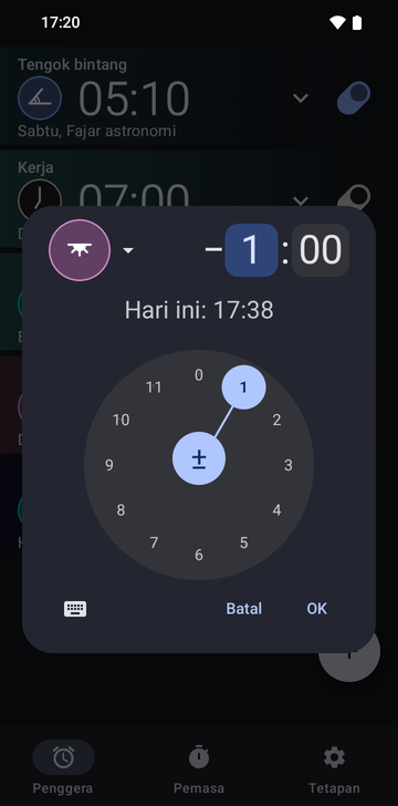 Dialog penggera baharu pada sauh Sunset dengan anjakan minus 1 jam dan 00 minit, dail jam pada angka 1, dan baris Today: 17:38.