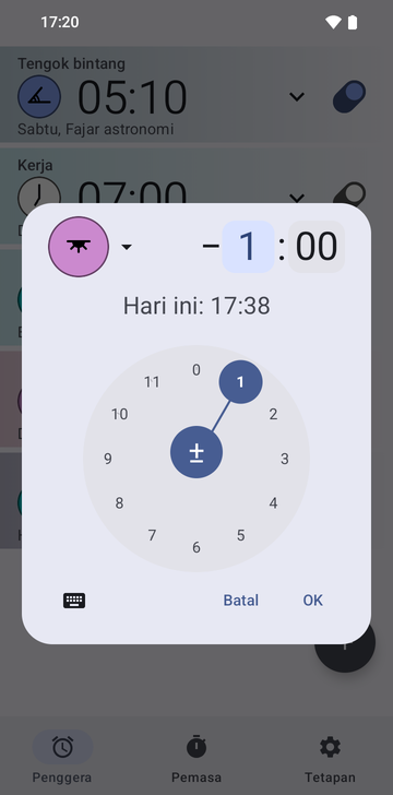 Dialog penggera baharu pada sauh Sunset dengan anjakan minus 1 jam dan 00 minit, dail jam pada angka 1, dan baris Today: 17:38.
