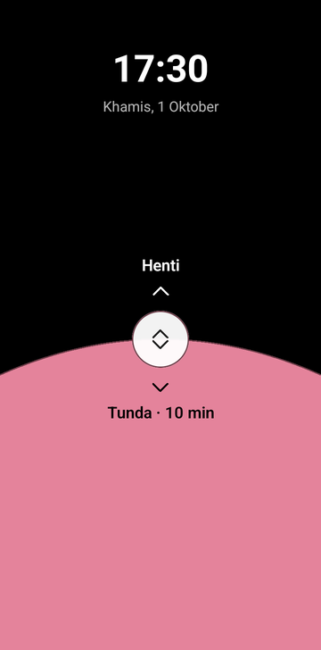 Skrin henti penggera Risetime untuk penggera yang sedang berbunyi: 17:30, Thursday, October 1, label Stop di atas pemegang peluncur bulat dan Snooze · 10 min di bawahnya, di atas latar hitam dengan lengkung merah jambu di bahagian bawah.
