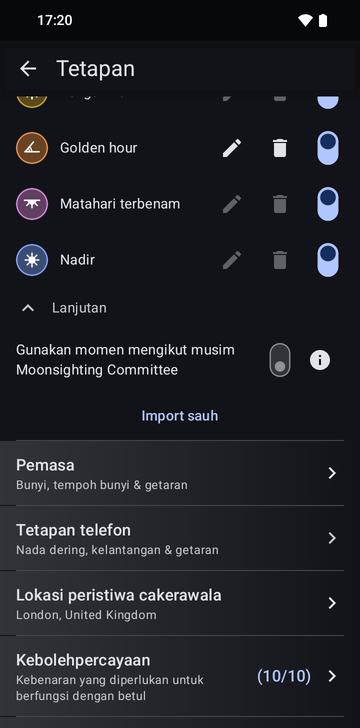 Tetapan Risetime, bahagian Anchors, dengan Advanced terbuka: suis Use Moonsighting Committee seasonal moments dan, di bawahnya, butang Import anchors, di atas baris Timers.