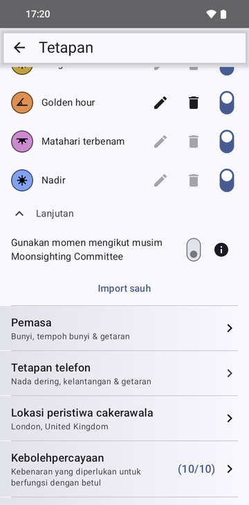 Tetapan Risetime, bahagian Anchors, dengan Advanced terbuka: suis Use Moonsighting Committee seasonal moments dan, di bawahnya, butang Import anchors, di atas baris Timers.