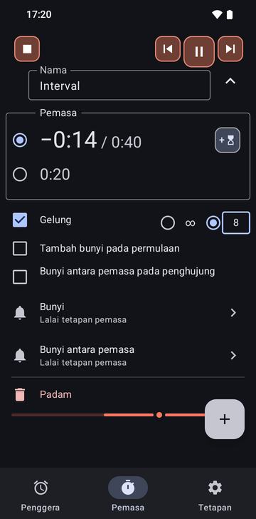 Jujukan Intervals terbuka dalam tab Timers Risetime semasa berjalan: dua pemasa, −0:15 / 0:40 dipilih dan 0:20, Loop ditandakan dengan 8 pusingan dipilih, serta Add a ring at the start dan Intermediate ring at the end tidak ditandakan.