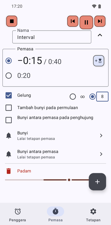 Jujukan Intervals terbuka dalam tab Timers Risetime semasa berjalan: dua pemasa, −0:15 / 0:40 dipilih dan 0:20, Loop ditandakan dengan 8 pusingan dipilih, serta Add a ring at the start dan Intermediate ring at the end tidak ditandakan.