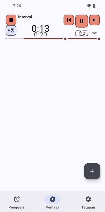 Tab Timers Risetime dengan jujukan Intervals yang berjalan: 0:13, pemasa 0:20 seterusnya mengintai di bawahnya, kaunter gelung pada 2, dan butang henti, sebelumnya, jeda, seterusnya dan tambah satu minit.