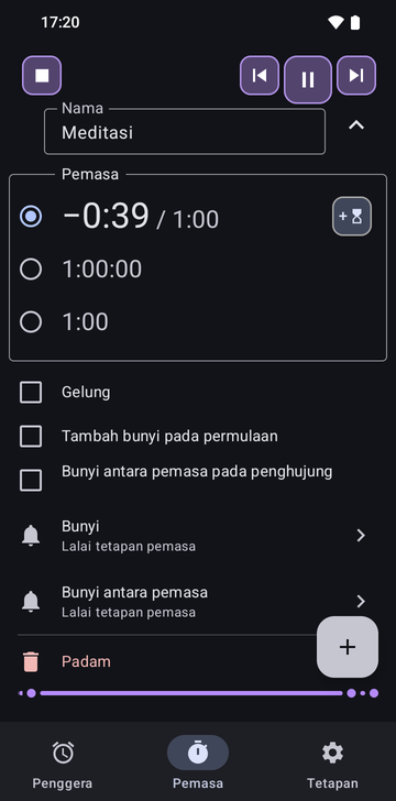 Jujukan Meditation terbuka dalam tab Timers Risetime: tiga pemasa, −0:40 / 1:00 dipilih, 1:00:00, dan 1:00, dengan Loop, Add a ring at the start dan Intermediate ring at the end semuanya tidak ditandakan, serta baris Ring dan Intermediate ring pada Timer settings lalai.