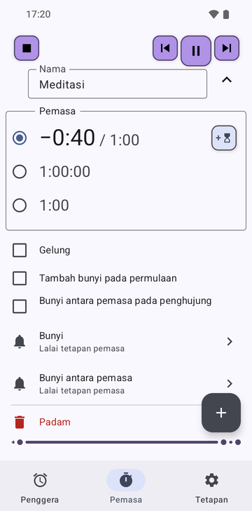 Jujukan Meditation terbuka dalam tab Timers Risetime: tiga pemasa, −0:40 / 1:00 dipilih, 1:00:00, dan 1:00, dengan Loop, Add a ring at the start dan Intermediate ring at the end semuanya tidak ditandakan, serta baris Ring dan Intermediate ring pada Timer settings lalai.