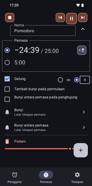 Jujukan Pomodoro terbuka dalam tab Timers Risetime semasa berjalan: dua pemasa, −24:40 / 25:00 dipilih dan 5:00, Loop ditandakan dengan 4 pusingan dipilih, Add a ring at the start dan Intermediate ring at the end tidak ditandakan, baris Ring dan Intermediate ring pada Timer settings lalai, dan baris Delete.