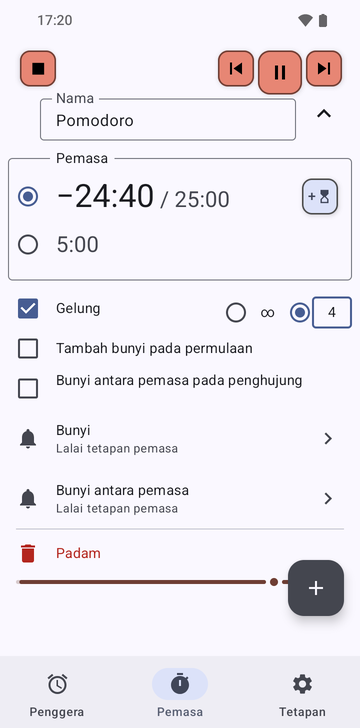 Jujukan Pomodoro terbuka dalam tab Timers Risetime semasa berjalan: dua pemasa, −24:40 / 25:00 dipilih dan 5:00, Loop ditandakan dengan 4 pusingan dipilih, Add a ring at the start dan Intermediate ring at the end tidak ditandakan, baris Ring dan Intermediate ring pada Timer settings lalai, dan baris Delete.