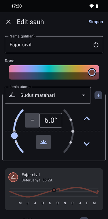 Skrin Edit anchor pada A solar angle, bernama Civil dawn, dengan sudut ditetapkan pada 6.0° di sebelah pagi dan kad pratonton berbunyi Next: 06:29, di atas lengkung waktu sepanjang tahun.