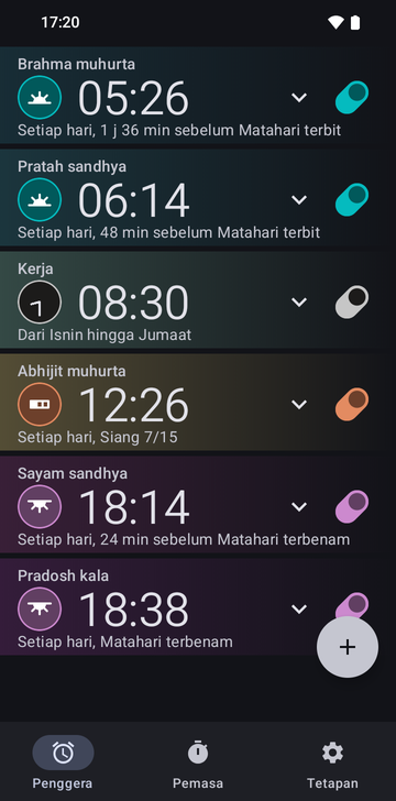 Senarai penggera Risetime dengan enam penggera: Brahma muhurta 05:26, Setiap hari, 1 j 36 min sebelum Matahari terbit; Pratah sandhya 06:14, Setiap hari, 48 min sebelum Matahari terbit; Kerja 08:30, Dari Isnin hingga Jumaat; Abhijit muhurta 12:26, Setiap hari, Siang 7/15; Sayam sandhya 18:14, Setiap hari, 24 min sebelum Matahari terbenam; dan Pradosh kala 18:38, Setiap hari, Matahari terbenam.