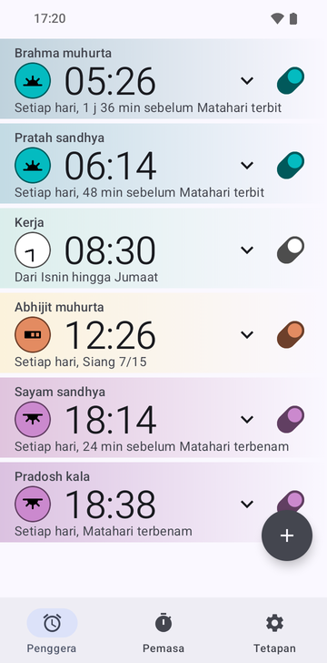 Senarai penggera Risetime dengan enam penggera: Brahma muhurta 05:26, Setiap hari, 1 j 36 min sebelum Matahari terbit; Pratah sandhya 06:14, Setiap hari, 48 min sebelum Matahari terbit; Kerja 08:30, Dari Isnin hingga Jumaat; Abhijit muhurta 12:26, Setiap hari, Siang 7/15; Sayam sandhya 18:14, Setiap hari, 24 min sebelum Matahari terbenam; dan Pradosh kala 18:38, Setiap hari, Matahari terbenam.