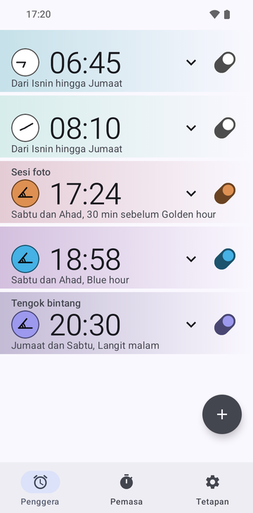 Senarai penggera Risetime dengan lima penggera: 06:45 dan 08:10, Monday–Friday; Photo shoot 17:24, Sunday and Saturday, 30 min before Golden hour; 18:58, Sunday and Saturday, Blue hour; dan Stargazing 20:30, Friday and Saturday, Night sky.