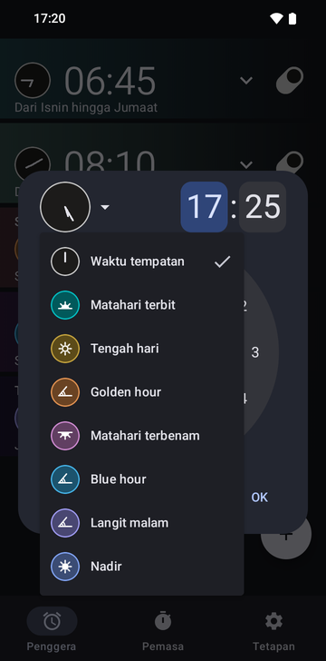 Dialog penggera baharu yang ditetapkan pada 17:25 dengan menu sauhnya terbuka: Local time (ditandakan), Sunrise, Noon, Golden hour, Sunset, Blue hour, Night sky dan Nadir.