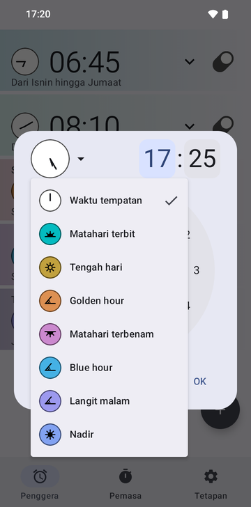 Dialog penggera baharu yang ditetapkan pada 17:25 dengan menu sauhnya terbuka: Local time (ditandakan), Sunrise, Noon, Golden hour, Sunset, Blue hour, Night sky dan Nadir.