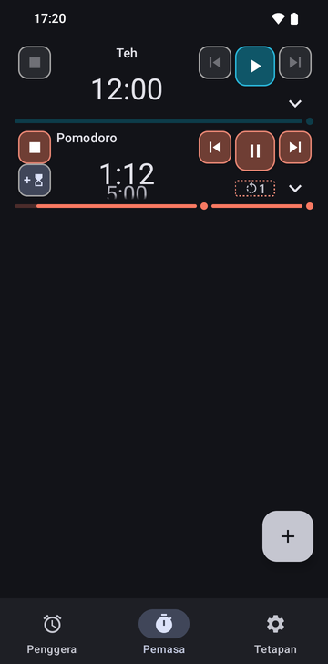 Tab Timers Risetime dengan dua pemasa: Tea, 12:00, belum dimulakan, dengan butang main; dan jujukan Pomodoro yang berjalan pada 1:11, pemasa 5:00 seterusnya mengintai di bawahnya, dengan butang henti, sebelumnya, jeda, seterusnya dan tambah satu minit, serta kaunter gelung pada 1. Tab Alarms, Timers dan Settings tersusun di bahagian bawah.