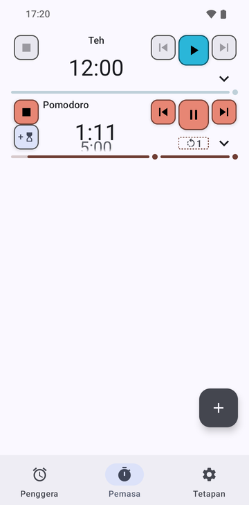 Tab Timers Risetime dengan dua pemasa: Tea, 12:00, belum dimulakan, dengan butang main; dan jujukan Pomodoro yang berjalan pada 1:11, pemasa 5:00 seterusnya mengintai di bawahnya, dengan butang henti, sebelumnya, jeda, seterusnya dan tambah satu minit, serta kaunter gelung pada 1. Tab Alarms, Timers dan Settings tersusun di bahagian bawah.
