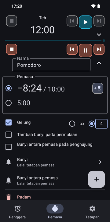 Jujukan Pomodoro terbuka dalam tab Timers Risetime, di bawah pemasa Tea yang dilipat pada 12:00: −8:25 / 10:00 dipilih dan 5:00, Loop ditandakan dengan 4 pusingan, Add a ring at the start dan Intermediate ring at the end tidak ditandakan, baris Ring dan Intermediate ring pada Timer settings lalai, dan baris Delete.