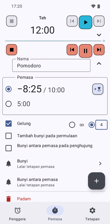 Jujukan Pomodoro terbuka dalam tab Timers Risetime, di bawah pemasa Tea yang dilipat pada 12:00: −8:25 / 10:00 dipilih dan 5:00, Loop ditandakan dengan 4 pusingan, Add a ring at the start dan Intermediate ring at the end tidak ditandakan, baris Ring dan Intermediate ring pada Timer settings lalai, dan baris Delete.