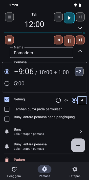 Jujukan Pomodoro terbuka dalam tab Timers Risetime, di bawah pemasa Tea yang dilipat pada 12:00: −9:06 / 10:00 + 1:00 dipilih (satu minit ditambah) dan 5:00, Loop ditandakan dengan 4 pusingan, kedua-dua kotak tanda bunyi tidak ditandakan, dan baris Delete.