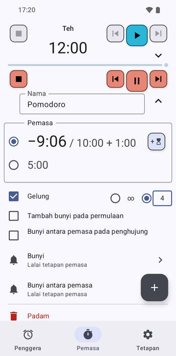 Jujukan Pomodoro terbuka dalam tab Timers Risetime, di bawah pemasa Tea yang dilipat pada 12:00: −9:06 / 10:00 + 1:00 dipilih (satu minit ditambah) dan 5:00, Loop ditandakan dengan 4 pusingan, kedua-dua kotak tanda bunyi tidak ditandakan, dan baris Delete.