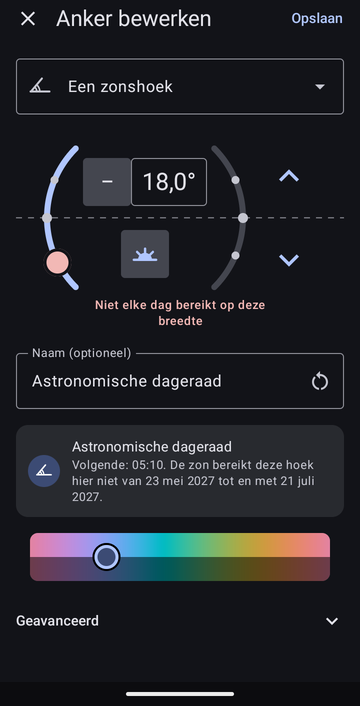 Het scherm Anker bewerken op Een zonshoek, 18,0° onder de horizon in de ochtend, met de melding Niet elke dag bereikt op deze breedte, de naam Astronomische dageraad en de voorbeeldregel Volgende: 05:10. De zon bereikt deze hoek hier niet van 23 mei 2027 tot en met 21 juli 2027. Rechtsboven staat Opslaan.