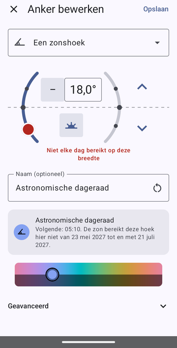 Het scherm Anker bewerken op Een zonshoek, 18,0° onder de horizon in de ochtend, met de melding Niet elke dag bereikt op deze breedte, de naam Astronomische dageraad en de voorbeeldregel Volgende: 05:10. De zon bereikt deze hoek hier niet van 23 mei 2027 tot en met 21 juli 2027. Rechtsboven staat Opslaan.